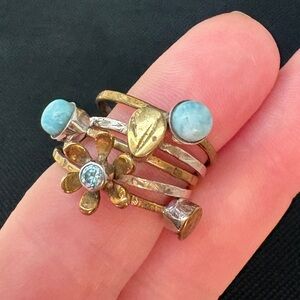 Artisan Mixed Metal Stacked Flower Ring with Blue Stones